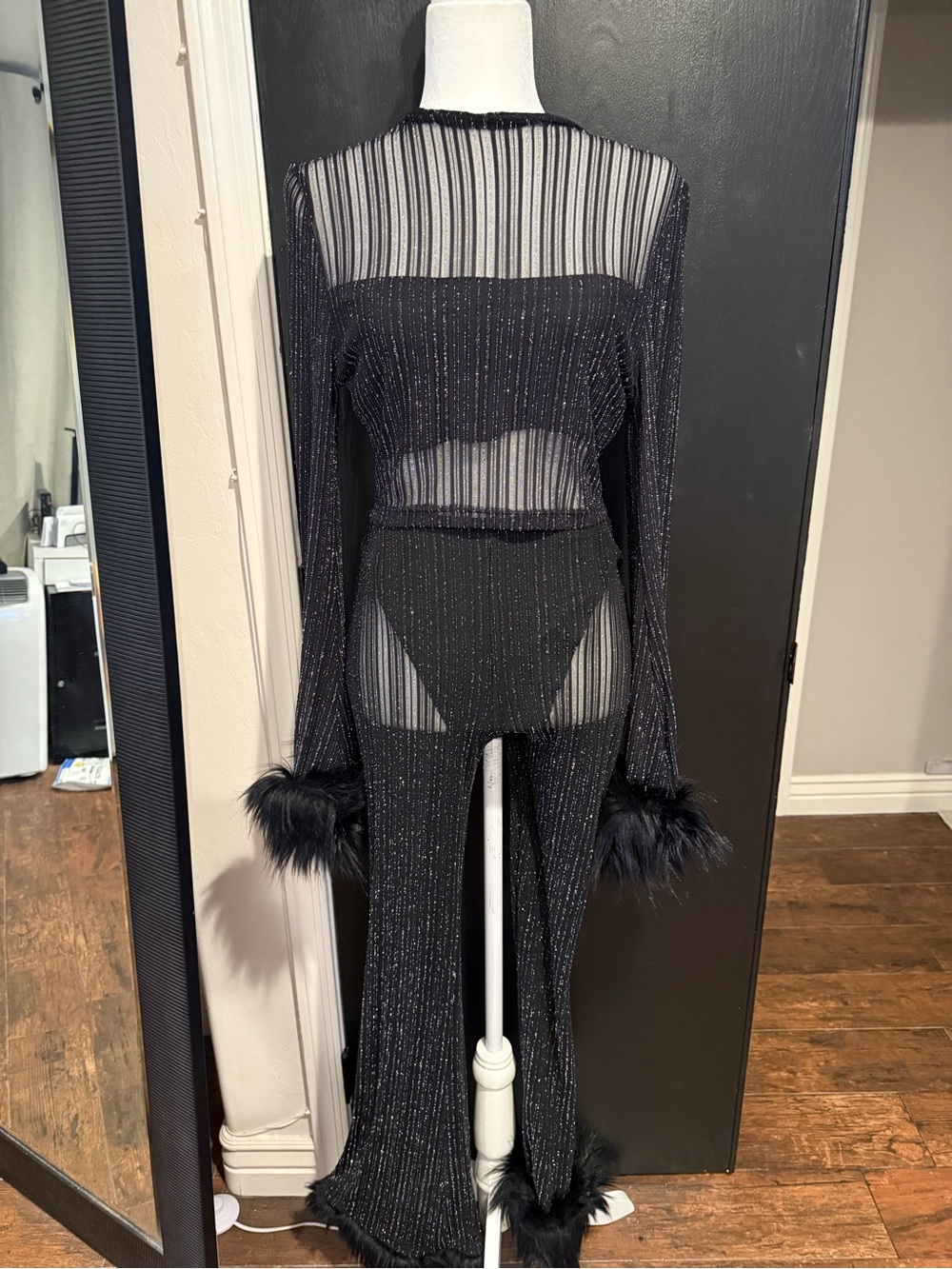 Black Sheer Metallic Knit Jumpsuit with Feather Cuffs